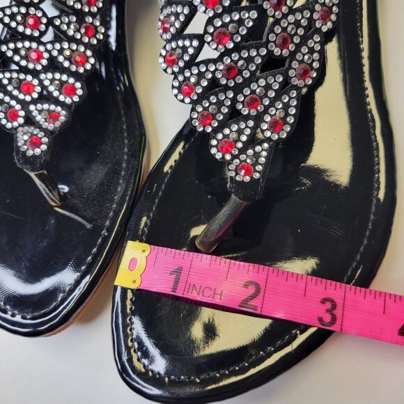 WOMENS Size 8 Black Glitter Sandals Silver Red Crystal Peacock Motif Shoes New - Picture 4 of 9